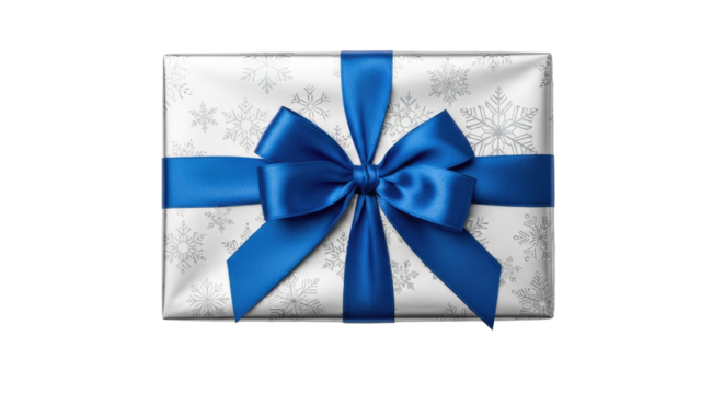 A wrapped gift box with a blue ribbon and a snowflake pattern on the wrapping paper. - Powered by Adobe