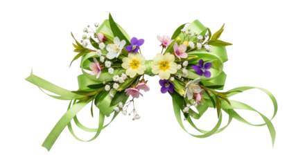 A green and white floral bow with green ribbons and flowers.