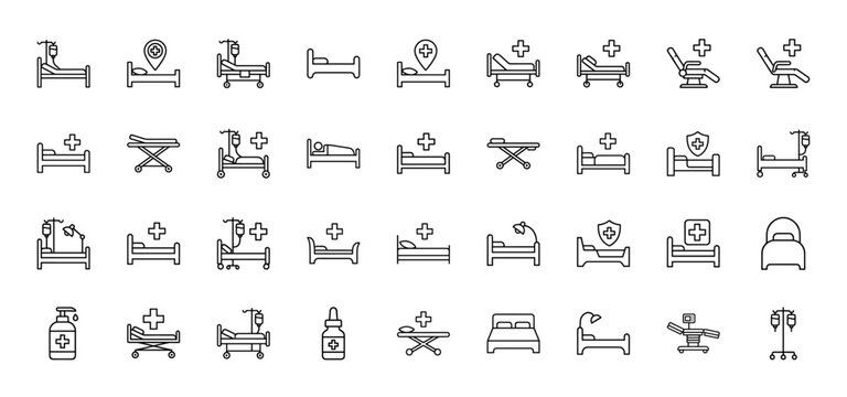 Medical hospital bed line icon set. Vector pictograms of clinic stretchers, surgical tables, intravenous drips, nursery cradles, and patient furniture, thin outline illustration.