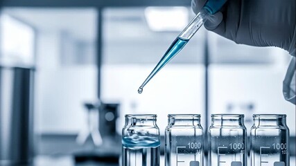 A gloved hand accurately transfers blue chemical solution into glass beakers with a pipette during a scientific research experiment for detailed analysis - Powered by Adobe
