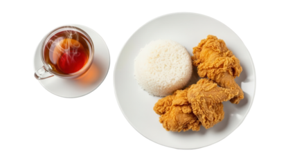 Fast food dinner set with fried chicken rice and a cup of tea isolated on white background