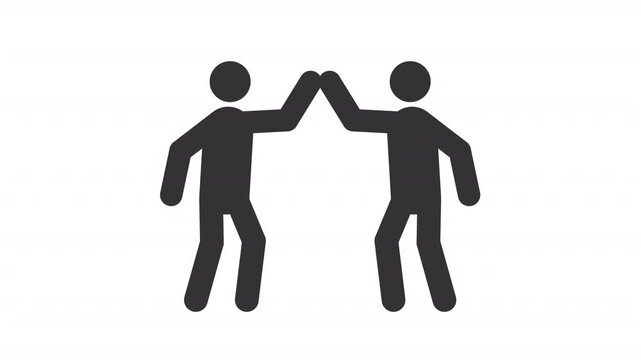 Two people high five stickman animation silhouette. People greeting, team celebration. Moving hands. Simple human stick figure. Solid glyph pictogram HD video. Dynamic person movement