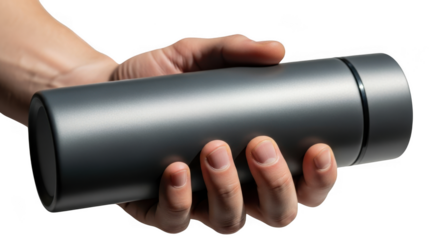 Person holding modern cylindrical device isolated on transparent background