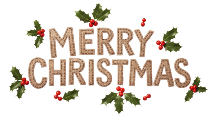 Christmas-themed text with holly leaves and berries on a png transparent