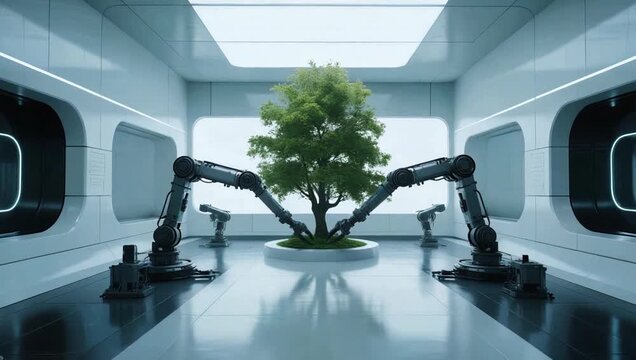 Futuristic room with tree and robotic arms