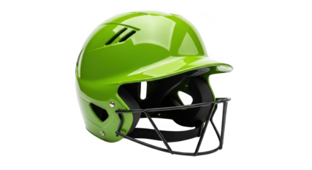 Bright green baseball helmet with face guard isolated on transparent background