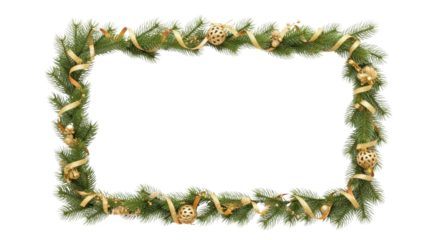 A Christmas wreath with pine branches, gold ribbons, and gold ornaments on a png transparent