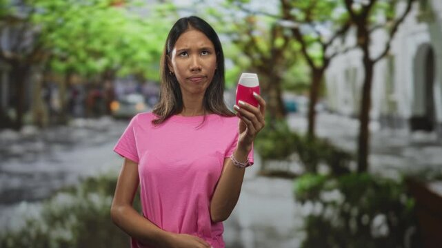 Young thai woman holds a pink toothpaste bottle in one hand, points to temple with her index finger while studying the label on a tree lined street; uncertainty.