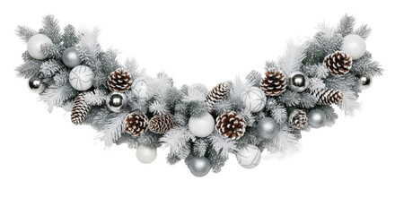 A white Christmas garland with silver and white ornaments and pine cones.