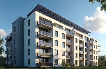 Obraz premium Modern apartment building with solar panels on the roof. Residential complex uses clean energy for sustainability. Eco friendly architecture with balconies and green surroundings.
