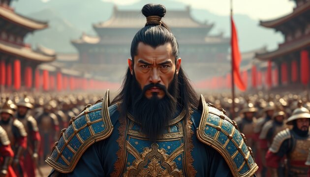 Asian general in ornate armor reviews army before ancient Chinese city gates. Bearded man leads soldiers in military formation. Red flags fly over historic palace buildings.