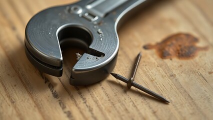 misuse. Wrench with a dented jaw resting beside a bent nail on a wooden surface under soft side lighting. safety posters.