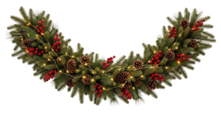 A Christmas wreath with pine cones, berries, and lights.