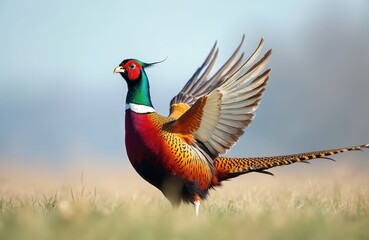 Colorful male pheasant bird stands in dry grass field wings spread wide. Ring neck bird has vibrant red green blue plumage. Wildlife photo shows wild animal outdoors in nature.