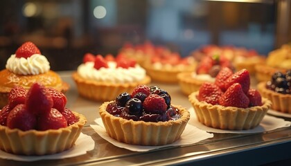 Assorted fruit tarts and pastries arranged in a bakery display case. Sweet dessert treats like strawberries, blueberries, and cream await customers. Variety of baked goods for sale.