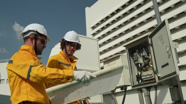 Professional electrical engineers inspecting control panel on rooftop. Technicians consulting blueprint plans to maintain sustainable power system for modern building infrastructure.