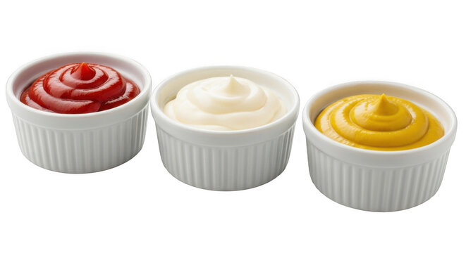 Three condiment bowls isolated on transparent background