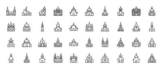Religious architecture line icon set. Vector pictograms of cathedrals, chapels, belfries, domes, spires, steeples, and facades, thin black outline illustration.