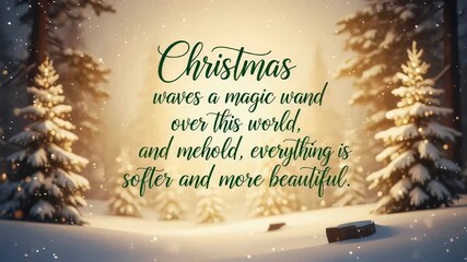 Christmas quote with snow-covered trees and falling snow. Holiday winter message greeting card design. New Year festive mood.
