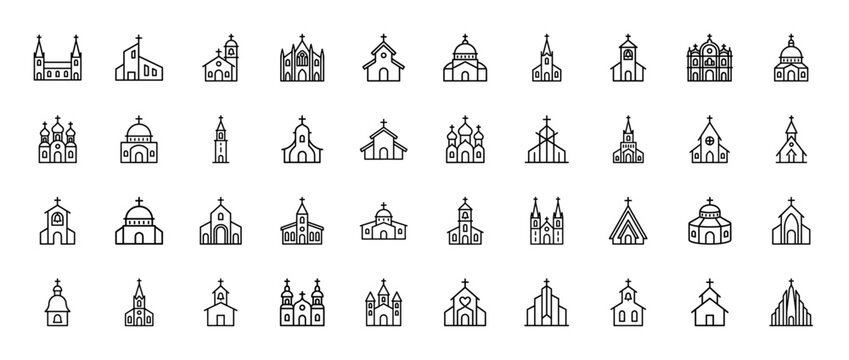 Religious architecture line icon set. Vector pictograms of cathedrals, chapels, belfries, domes, spires, steeples, and facades, thin black outline illustration.