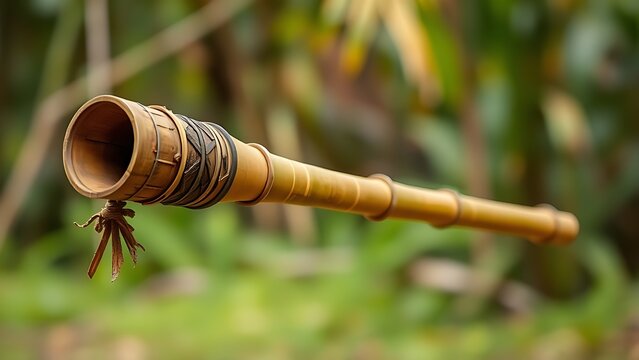 blowpipe. Bamboo blowpipe held in focus against blurred natural background, tribal aesthetic with natural materials. event programs.