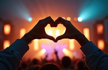Hands form heart shape on concert stage with bright lights. Crowd enjoys music at outdoor event, showing love for performance. Silhouette gestures unity, passion, vibrant atmosphere.