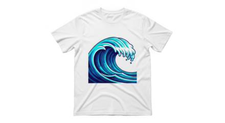 White t-shirt with blue wave design isolated on transparent background