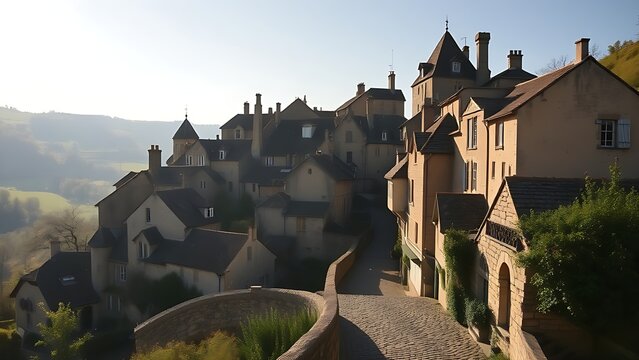 hilltop. The medieval hilltop village of Conques with stone houses and cobblestone streets in morning light. travel magazines, destination branding, designed for outdoor magazines and nature guides.