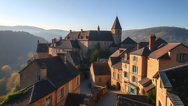 hilltop. The medieval hilltop village of Conques with stone houses and cobblestone streets in morning light. travel magazines, destination branding, designed for outdoor magazines and nature guides.