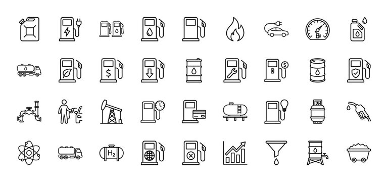 Energy and fuel industry line icon set. Vector pictograms of gas pump, oil barrel, electric charging, hydrogen tank, pipeline, derrick, and coal, thin outline illustration.