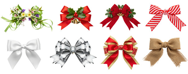 Christmas bows with red, silver, and gold ribbons and holly leaves on a png transparent