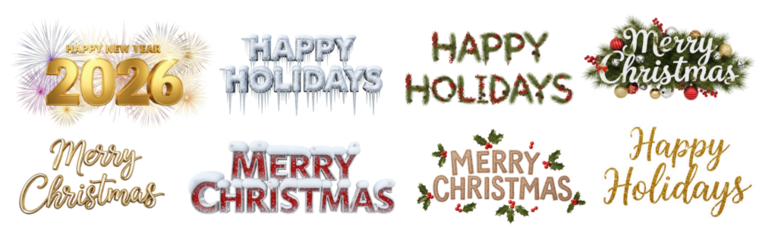 Christmas-themed images with festive decorations and text.