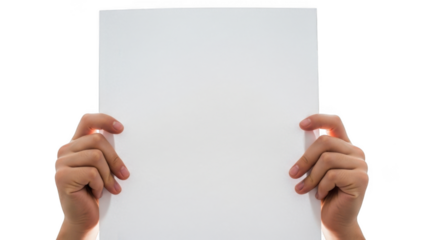Hands holding blank paper isolated on transparent background