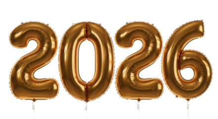 Celebrating the year 2026 with golden balloons isolated on transparent background