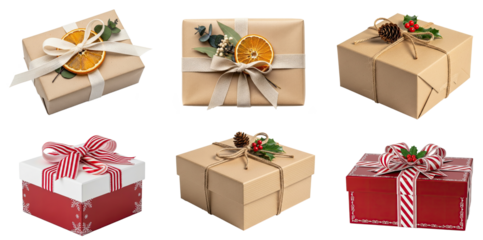 A collection of beautifully wrapped holiday presents with a variety of ribbon and wrapping paper designs.