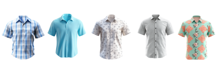 Collection of different men's short-sleeve shirts with various designs and colors.
