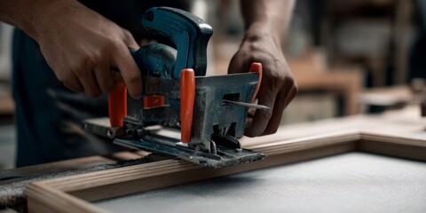 Close-up of craftsman securing canvas on wooden frame with clamps and stapler, detailed woodworking, hands-on creative process, workshop craftsmanship, tool usage, artistic preparation