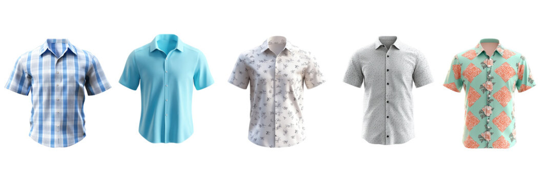 Collection of different men's short-sleeve shirts with various designs and colors.