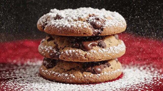 Dynamic slow motion close-up of fine white powdered sugar lightly dusting a freshly baked stack of golden chocolate chip cookies on a vivid ruby red surface baking preparation, brown, freshness