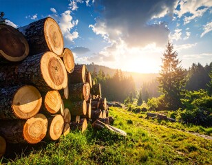 Scenic view of stacked logs near forest with sunlit sky