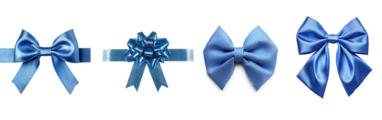 Collection of blue ribbons with bows on a white background.