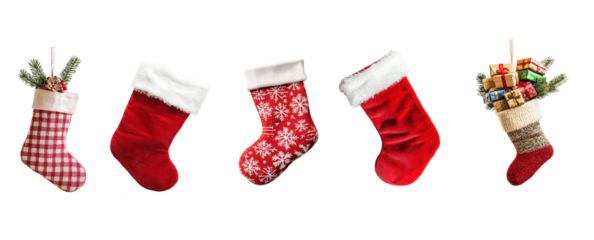 Collection of red and white Christmas stockings with ornaments and presents on a white background.