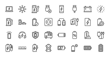 Fototapeta premium Energy and power line icon set. Vector pictograms of battery, charger, solar panel, electric vehicle station, plug, and generator, thin outline illustration.