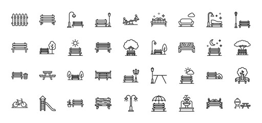 Fototapeta na wymiar Park and outdoor furniture line icon set. Vector pictograms of benches, street lamps, picnic tables, playground equipment, and landscape elements, thin outline illustration.