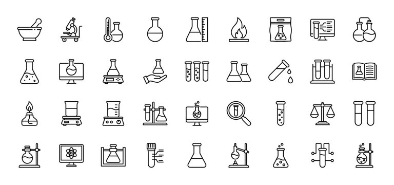 Laboratory science line icon set featuring vector pictograms of flasks, test tubes, microscopes, beakers, burners, and balances in a thin outline illustration style.
