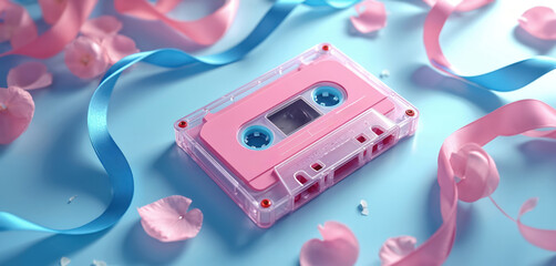 Pink cassette tape with blue, pink ribbons, petals scattered around. Retro audio device for music playback, creative expression. Vintage analog technology for listening to old songs. Nostalgic theme