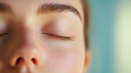 Obraz premium A close-up of a woman's face as they practice deep breathing meditation with expression of calmness and tranquility, mental health and wellness