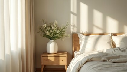 Cozy minimalist bedroom, bright natural light streams through sheer curtains. A wooden nightstand holds a vase with delicate flowers next to a neatly made bed with soft white linens.