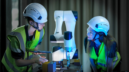 Two female engineers represent the future of work, using artificial intelligence and robotics to...