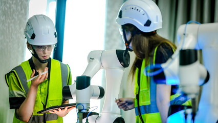 Two robotics engineers in an R and D lab test an artificial intelligence cobot. The female engineer inspects the hardware while the male engineer checks system data on a tablet.